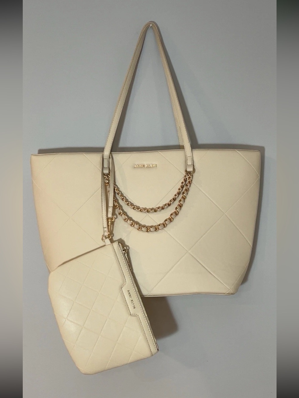 Anne Klein Quilted Cream Tote with Gold Chain Accents and Pouch